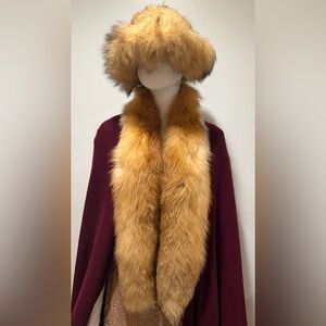 Red fox fur scarf & hat luxurious long hair Cossack hat new gold fox  long scarf